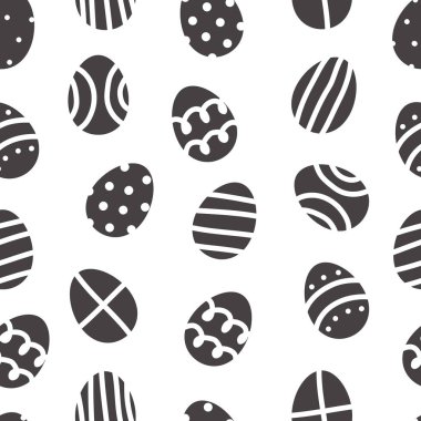 Süslü yumurtalarla paskalya desensiz. Hoş el yapımı elementler. Paketleme, kartpostallar, paketler, defterler. Beyaz arkaplandaki siyah vektör..