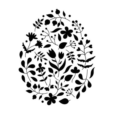 Paskalya yumurtası şeklinde çiçek desenleri. Bitkiler, yapraklar, dallar, çiçekler. Bahar bitkilerinin siyah siluetleri. Bayram kartları için tasarlanmış.