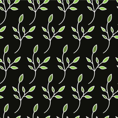 Siyah arka planda basit yumuşak bir dal. Bahar pürüzsüz desen. Yapraklar ve çekimler. Paketleme, web sitesi, paketler, sosyal ağlar, kumaşlar, duvar kağıtları.