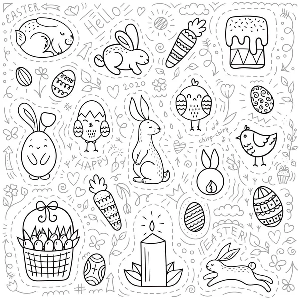 Conjunto de elementos de Pascua Doodle. Lindos objetos de vacaciones sobre un fondo blanco. Conejo, pollo, huevos decorados, zanahorias, canasta. — Vector de stock