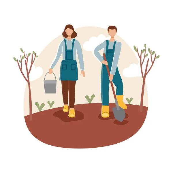 Man en vrouw in de tuin.Spring tuinieren, planten.Tuiniers in gewaden met een schep en emmer.Tuingereedschap.Zaailingen, bomen.Vlakke vector — Stockvector