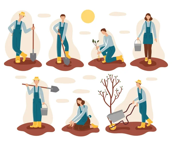 Hombres y mujeres en el jardín.Jardinería y plantación de primavera.En sus manos, cubos, palas, carretilla, plántulas, semillas.Tierra, excavación, fertilizante, suelo.Un conjunto de siete personas.Ilustración vectorial plana — Vector de stock