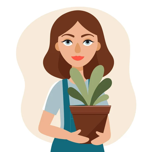 Una mujer joven y hermosa sostiene una maceta con una planta en sus manos.Jardinería, Pasatiempos, actividad de primavera, país, interior. — Vector de stock