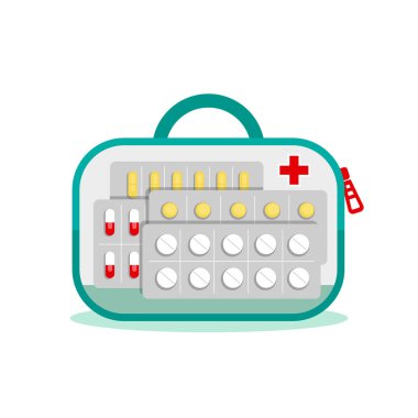 Seyahat için ilaç dolu şeffaf bir çanta. Ağrı kesiciler, yatıştırıcılar, haplar, ilaveler, tedaviler için ilk yardım çantası. Beyaz arka planda düz vektör çizimi.