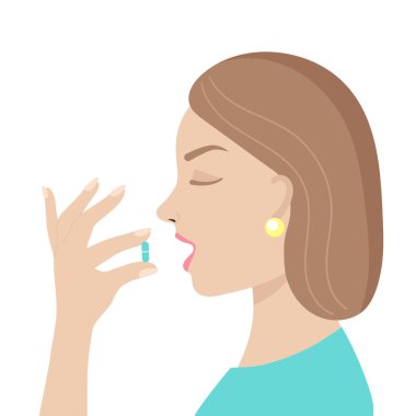 Genç bir kadın hap alır. İlaç, vitamin, takviye. Antiviral madde, koronavirüs, hastalıkların tedavisi, ağrı kesici, hamilelik. Beyaz bir arkaplanda düz vektör çizimi.