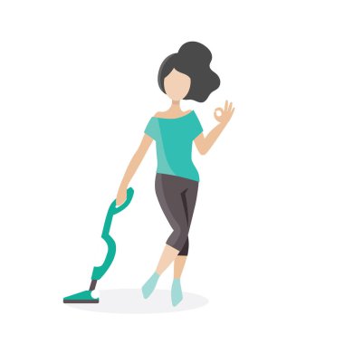 Elektrikli süpürgeyle genç bir esmer. Ev hanımı temizlik yapıyor. Keyfi yerinde, enerjik, mutlu.