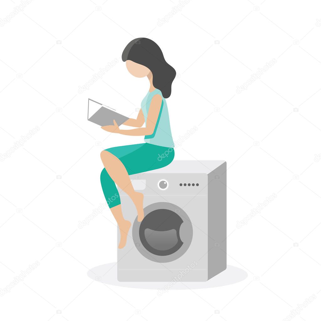 A young housewife woman is sitting on a washing machine and reading a book.Household chores.Pause, break, relaxation.Love of books.Flat vector illustration on a white background