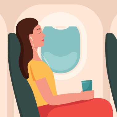 Genç Kafkas kadın uçak uçuş çalkantılı alanında tarafından şok. Korkmuş uçak yolcu uçak koltuğuna oturan ve aerophobia acı. Vektör karikatür çizim. Kare düzen.