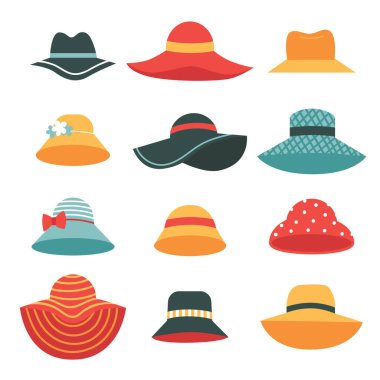 Güzel kadınların yaz şapkaları. Geniş ve dar kenarlı şapkalar. Sıcak ülkelerde deniz tatili için moda aksesuarı. Beyaz arka planda izole edilmiş düz vektör illüstrasyonu