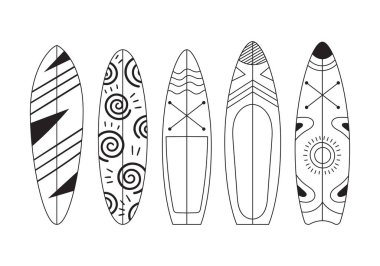 Set of five doodle surfs with patterns. Rest on the sea, extreme, hobbies and adrenaline on the waves. Isolated vector illustration on white background. vector