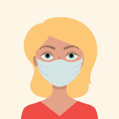 Tıbbi maskeli genç sarışın kadın. Virüslere, gribe ve koronavirüse karşı korunma kavramı. Bir salgının önlenmesi. Düz vektör illüstrasyonu.