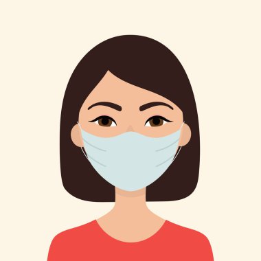 Tıbbi maskeli genç Asyalı kadın. Virüslere, gribe ve koronavirüse karşı korunma kavramı. Bir salgının önlenmesi. Düz vektör illüstrasyonu.