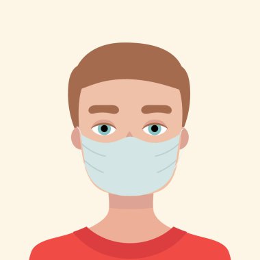 Tıbbi maskeli genç bir adam. Virüslere, gribe ve koronavirüse karşı korunma kavramı. Bir salgının önlenmesi. Düz vektör illüstrasyonu.