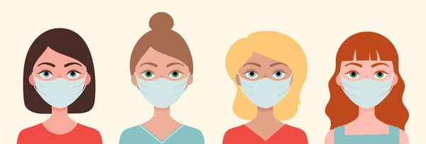 Set Van Vier Verschillende Vrouwen Met Medische Maskers Blond Brunette — Stockvector