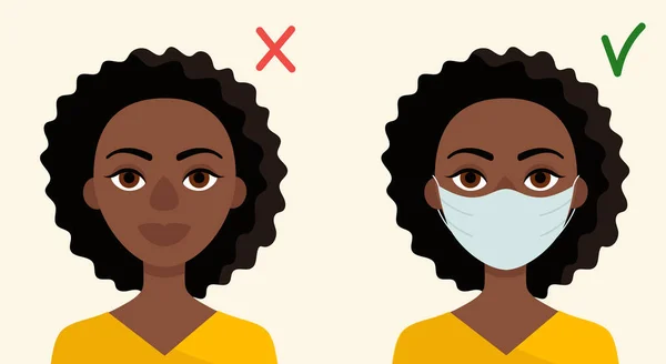 Jonge Afrikaanse vrouw met medisch masker. Concept van bescherming tegen virussen, griep, coronavirus. Preventie van een epidemie. Platte vectorillustratie. — Stockvector