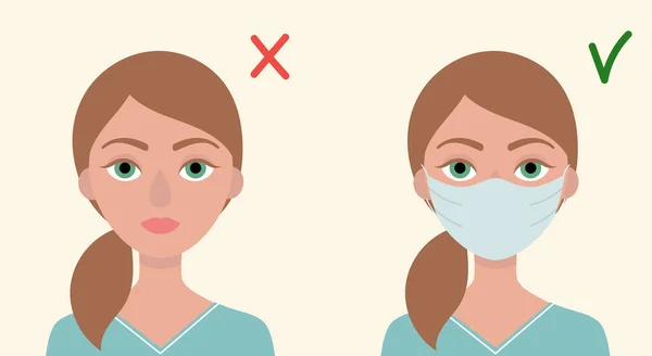 Jonge bruinharige vrouw met medisch masker. Concept van bescherming tegen virussen, griep, coronavirus. Preventie van een epidemie. Platte vectorillustratie. — Stockvector