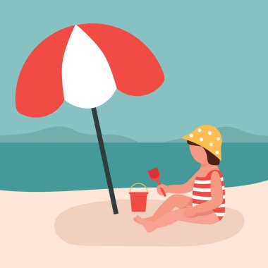 Deniz kenarındaki kumda oynayan küçük bir kız elinde bir kepçe tutuyor. Güneşli bir şemsiye altında bir çocuk. Güneşten korunma. Düz vektör illüstrasyonu.