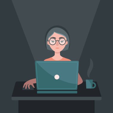Laptoplu bir kız masada oturuyor. Serbest çalışma kavramı, evde iş. Evde kal. Koronavirüsü önleme. Geçici tecrit, karantina. Düz vektör illüstrasyonu.