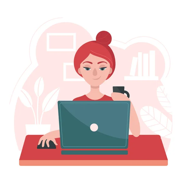 Menina com um laptop senta-se em uma mesa. Conceito de freelance, trabalho em casa. Fica em casa. Prevenção do coronavírus. Isolamento temporário, quarentena. Ilustração vetorial plana . — Vetor de Stock