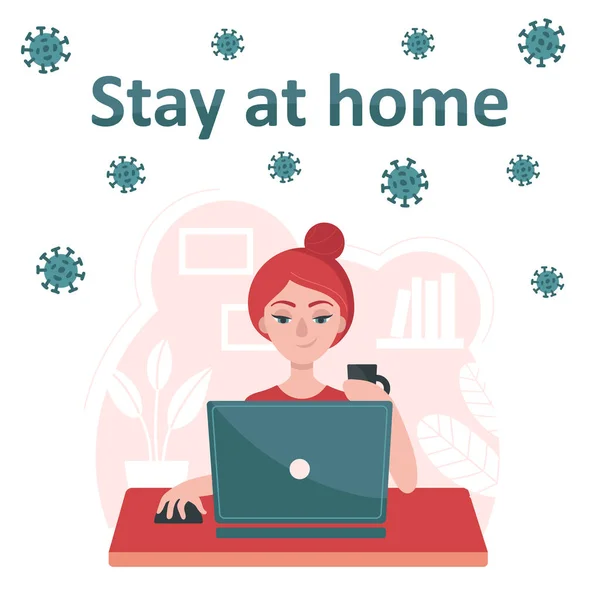 Una chica con un portátil se sienta en una mesa. Concepto de freelance, trabajo en casa. Quédate en casa. Prevención del coronavirus. Aislamiento temporal, cuarentena. Ilustración vectorial plana . — Vector de stock