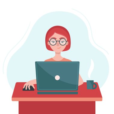 Laptoplu bir kız masada oturuyor. Serbest çalışma kavramı, evde iş. Evde kal. Koronavirüsü önleme. Geçici tecrit, karantina. Düz vektör illüstrasyonu.