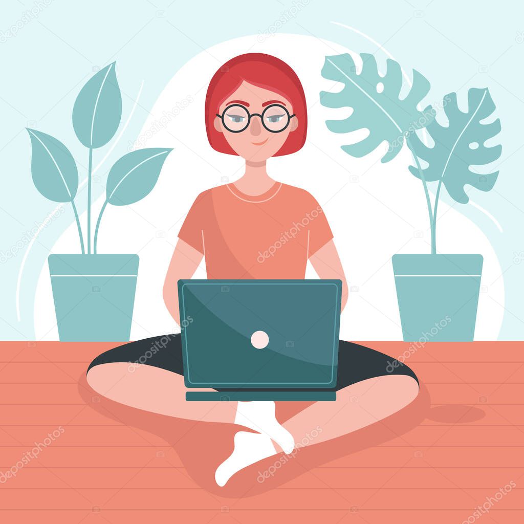 Girl with laptop sits on the floor. Freelance concept, work at home. Stay at home. Prevention of coronavirus. Temporary isolation, quarantine. Flat vector illustration.