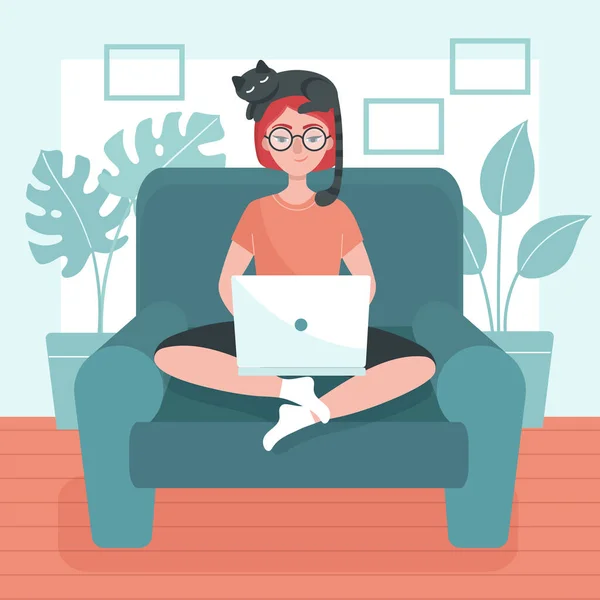 Mujer joven con portátil sentado en una silla. Concepto de freelance, teletrabajo, trabajo a distancia, aislamiento temporal. Prevención del coronavirus. Quédate en casa. Ilustración vectorial plana . — Vector de stock