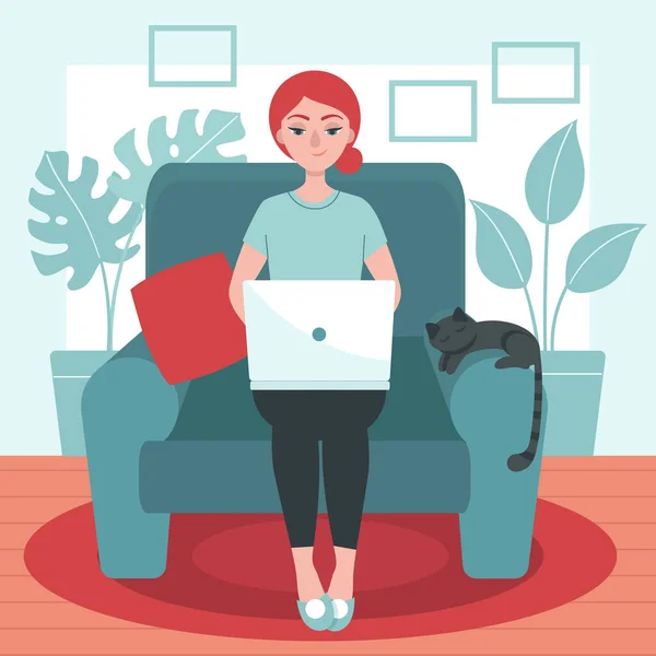 Wanita muda dengan laptop duduk di kursi. Konsep freelance, telework, pekerjaan jarak jauh, isolasi sementara. Pencegahan coronavirus. Tinggal di rumah. Ilustrasi vektor datar . - Stok Vektor