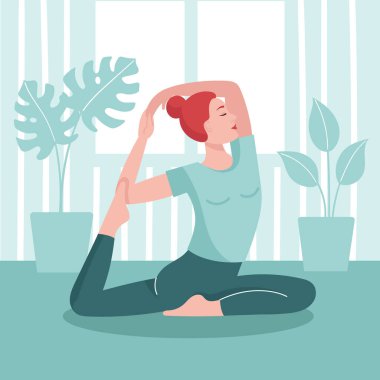 Genç kadın evde yoga yapıyor. Koronavirüsün önlenmesi, izolasyon ve karantina kavramı. Bir salgının önlenmesi. Evde kal ve spor yap. Düz vektör illüstrasyonu.