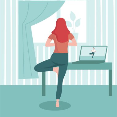 Evde internetten yoga yapan genç bir kadın. Coronavirus önleme, izolasyon ve karantina kavramı. Salgın önleme. Evde kal ve spor yap. Düz vektör illüstrasyonu.