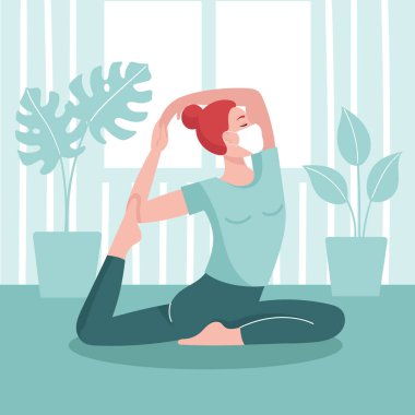 Tıp maskeli genç kadın evde yoga yapıyor. Coronavirus önleme, izolasyon ve karantina kavramı. Salgın önleme. Evde kal ve spor yap. Düz vektör illüstrasyonu.