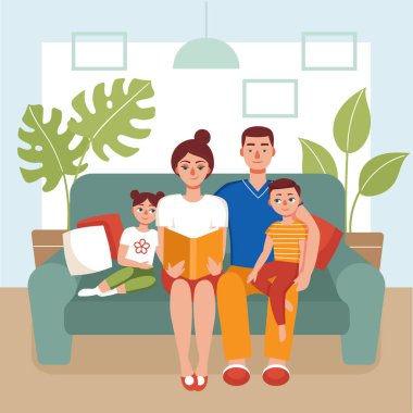 Aile kanepede oturup kitap okuyor. Anne, baba, oğul ve kız evde kaldı. Karantina, koronavirüs önleme, izolasyon, aşk kitapları, ev etkinliği kavramı..