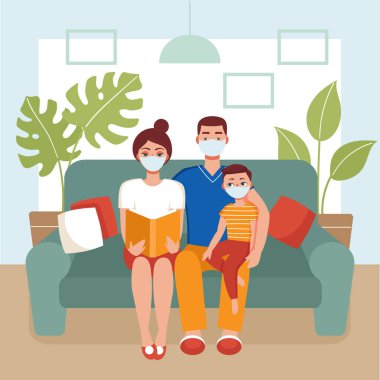 Maskeli bir aile kanepede oturup kitap okuyor. Anne, baba ve oğul evde kaldı. Karantina, koronavirüs önleme, izolasyon, kitap sevgisi, ev etkinliği kavramı. Düz vektör çizimi..
