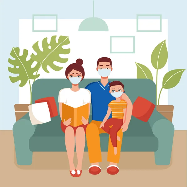 Familia Con Máscaras Sentada Sofá Leyendo Libro Mamá Papá Hijo — Vector de stock