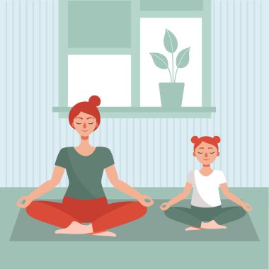 Anne ve kızı evde yoga yapıyor. Karantinadaki çocuklarla ev aktivitesi kavramı. Koronavirüsün yayılmasını önlemek için. Düz çizgi film vektör çizimi.