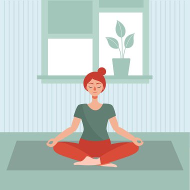 Yong kadını evde yoga yapıyor. Karantinadaki ev aktivitesi kavramı. Koronavirüsün yayılmasını önlemek için. Düz çizgi film vektör çizimi.