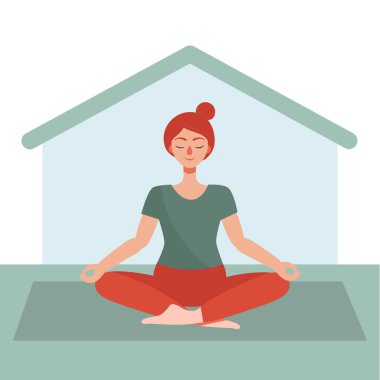 Yong kadını evde yoga yapıyor. Karantinadaki ev aktivitesi kavramı. Koronavirüsün yayılmasını önlemek için. Düz çizgi film vektör çizimi.
