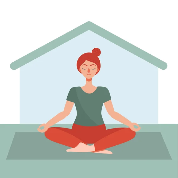 Yong vrouw doet yoga thuis. Het concept van thuisactiviteit in quarantaine. Preventie van de verspreiding van coronavirus. Platte cartoon vector illustratie. — Stockvector
