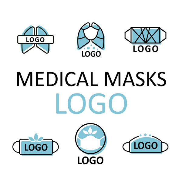 Vektör logosu tıbbi maskeler. Altı logo seti. Viral hastalıkların önlenmesi, koronavirüs. Akciğer enfeksiyonunu önlemek için. Dikiş dikmek ve maske yapmak.