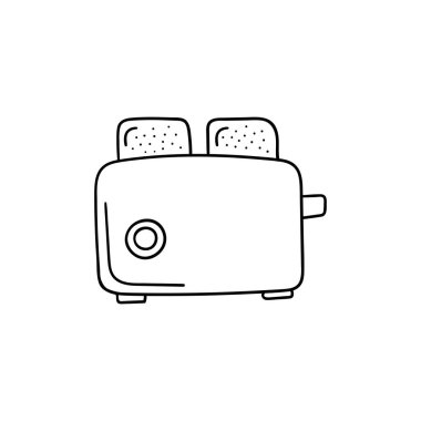 Vektör karalama tost makinesi. Yemek pişirme, mutfak aletleri, ev eşyaları. El karalama çizimi beyaz arkaplanda izole edildi.