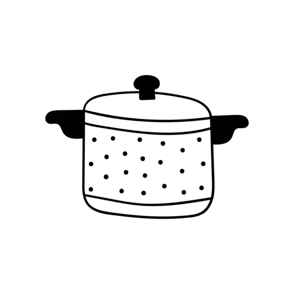 Panela de vetor doodle. Cozinhar, utensílios de cozinha, pratos, elementos caseiros. Ilustração desenhada à mão isolada sobre fundo branco . —  Vetores de Stock