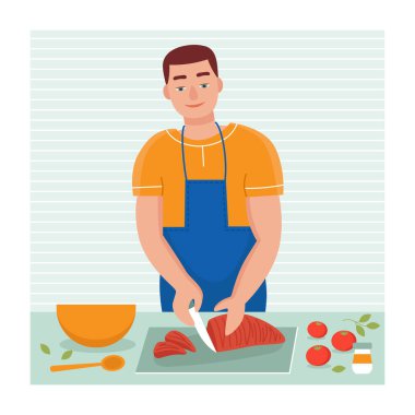 Genç bir adam mutfakta evde yemek pişirir. Kocanın ev işleri. Düz vektör karikatür çizimi.