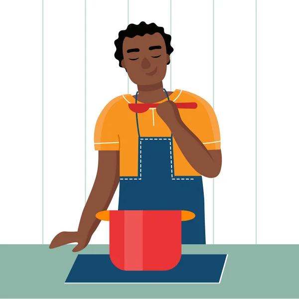 一个年轻的非洲黑人在厨房里做饭 丈夫的家务活平面矢量卡通画 — 图库矢量图片