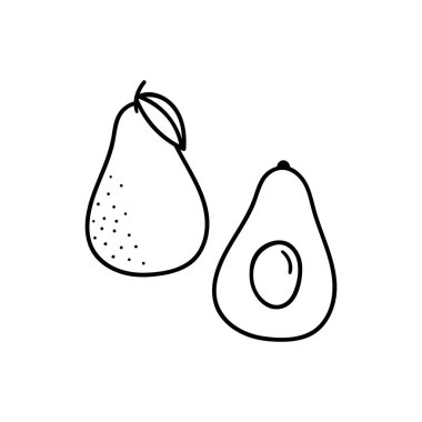 Vector doodle avokado. Meyveler ve sebzeler, sağlıklı beslenme, vejetaryenlik, sağlıklı yaşam tarzı. Beyaz arka planda izole edilmiş el illüstrasyonları.