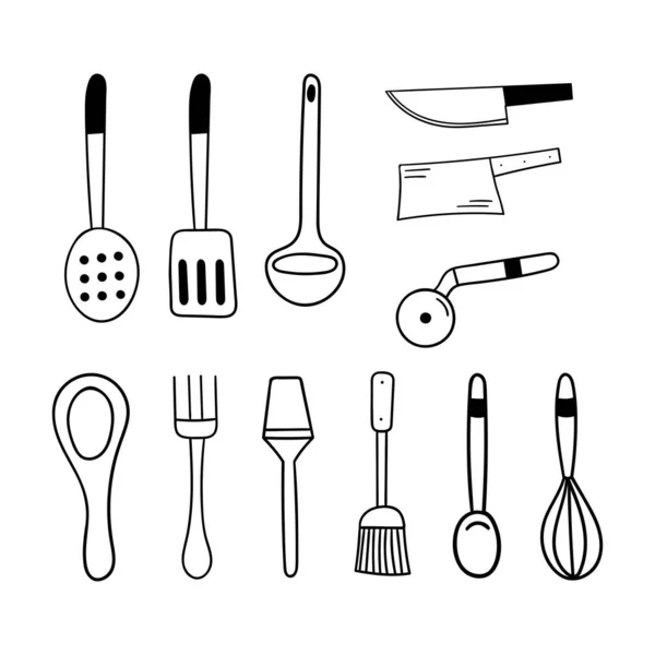 Kritzelbesteck Set Vorhanden Gegenstände Für Küche Und Kochen Löffel Gabel — Stockvektor