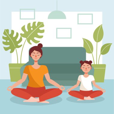 Anne ve kızı evde yoga yapıyor. Karantinadaki çocuklarla ev aktivitesi kavramı. Koronavirüsün yayılmasını önlemek için. Düz çizgi film vektör çizimi.