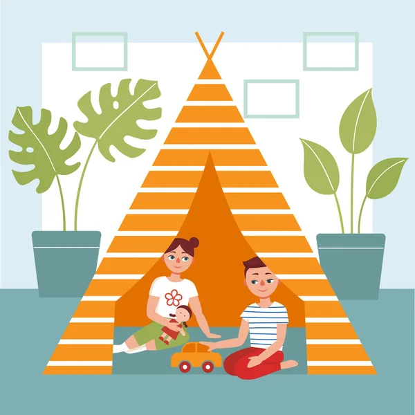 Les Enfants Jouent Maison Wigwam Concept Activité Domicile Isolement Prévention — Image vectorielle