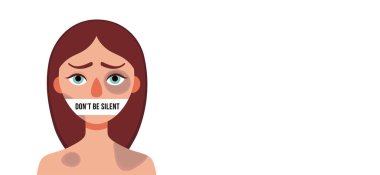 Yaraları olan üzgün bir kadın, beyaz arka planda kapalı ağızlı. Aile içi şiddet, aile içi cinsel taciz, zorbalık, sessizlik, korku. Banner web sitesi, sosyal medya illüstrasyonu.
