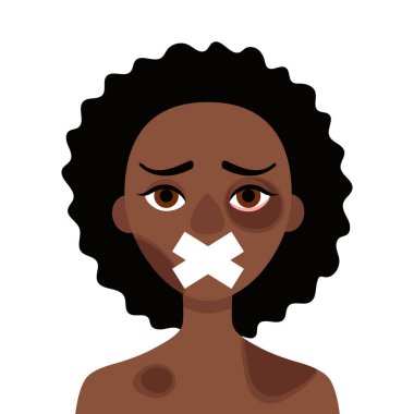 Yaralı ve yaralı üzgün bir Afrikalı kadın, beyaz bir arka planda ağzı kapalı bir şekilde. Aile içi şiddet, aile içi cinsel taciz, zorbalık, sessizlik ve korku kavramı. Vektör karikatür çizimi