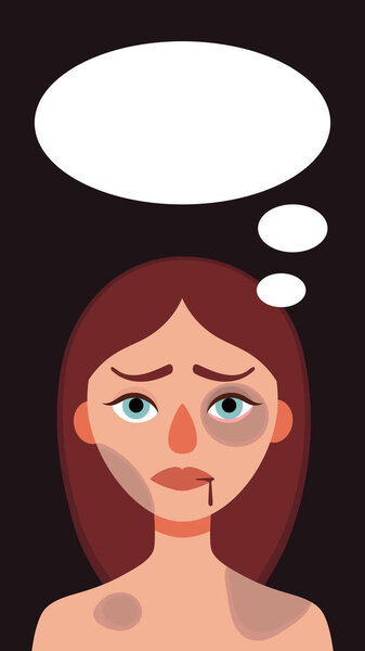 Sad woman with bruises and wounds speech bubble on dark background.Concept of domestic violence, sexual abuse in family, bullying,aggression women.Vector cartoon illustration.Story format social media